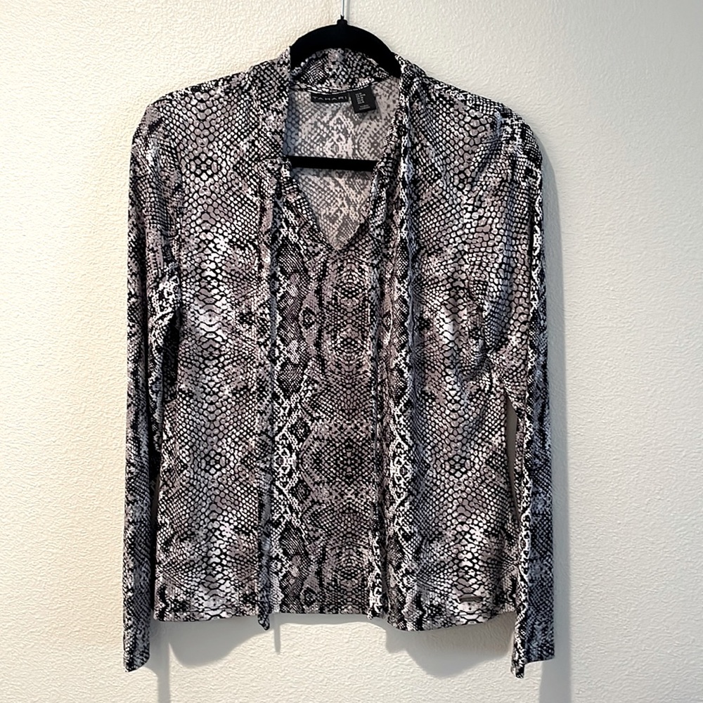 Tahari animal print blouse with tie neck, size M